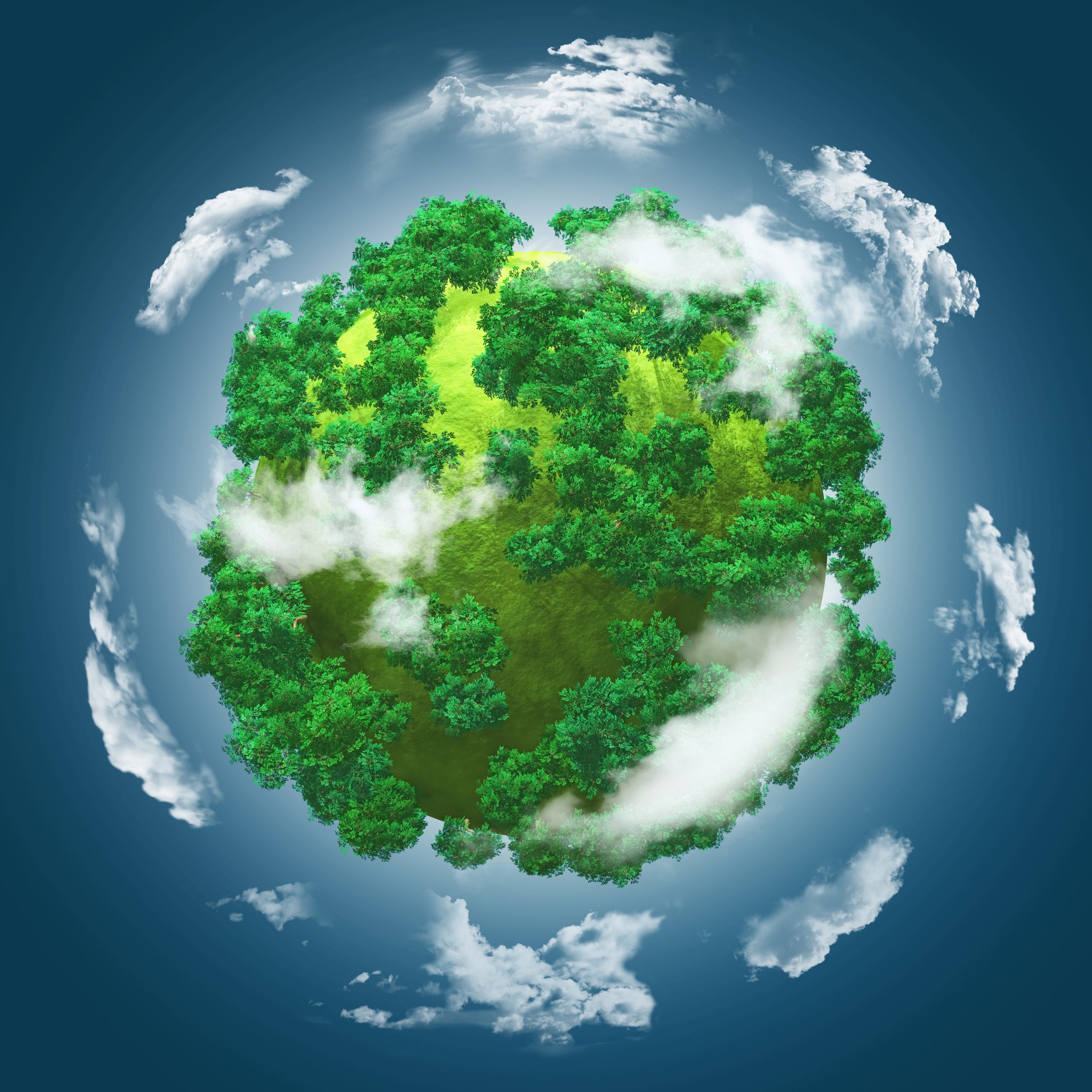 3D render of a grassy globe with trees against a blue cloudy sky